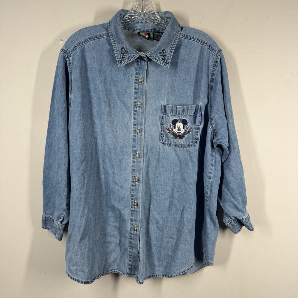Vtg Disney Mickey Unlimited Denim Shirt Chambray Embroidered Womens Sz 18W/20W